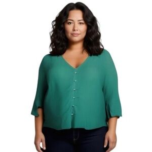 Green Button Up Flare Sleeve Deep V Neck Long Sleeve Silk Feel Top 5X